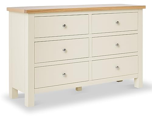 Farro Cream Large Chest of Drawers for Bedroom with 6 Drawers | Roseland Furniture Fully Assembled Contemporary Solid Wood Wide Painted Storage Chest with Oak Top | 78 x 120cm