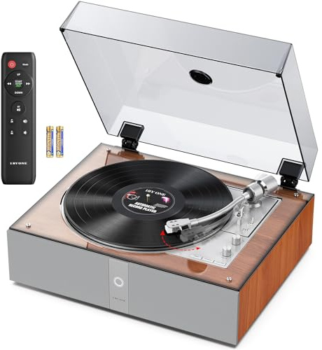 1 BY ONE Fully Automatic Record Player, All-in-One Vinyl Turntable with Automatic Repeat Function, Remote Control, Built in Speakers& DSP, Phono Preamp, AT-3600L Cartridge, Belt Drive 2-Speeds