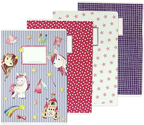 Papierdrachen 4 hochwertige Schulhefte für Kinder DIN A4 | liniert und kariert 32 Seiten - Motiv Einhorn - zur Einschulung für Grundschüler - Set Nummer 2-16 Blatt