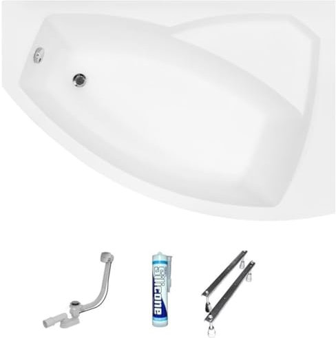 ECOLAM Baignoire d'angle acrylique Rima 160x100cm | version droite | pieds siphon + silicone | Belle forme Design moderne
