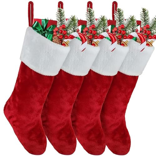 Christmas Stocking Set of 4,Plush Xmas Stockings,Personalised Christmas Stockings,Velvet Effect Stockings Christmas,Hanging Sock Candy Gift Bags for Family Christmas Holiday Decoration