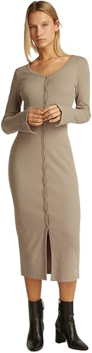 Calvin Klein Vestido Mujer Woven Label Rib Fit con Botones, Beige (Taupe Gray), L