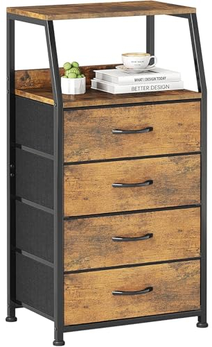 Kommode mit 4 Schubladen, Nachttisch, Beistelltisch, Nachtschrank, Kleine Schubladenschrank mit 2-Tier Holz Regal, Stoff komode für Schlafzimmer/ Wohnzimmer/ Flur möbel, Bücherregal, Rustikal Braun