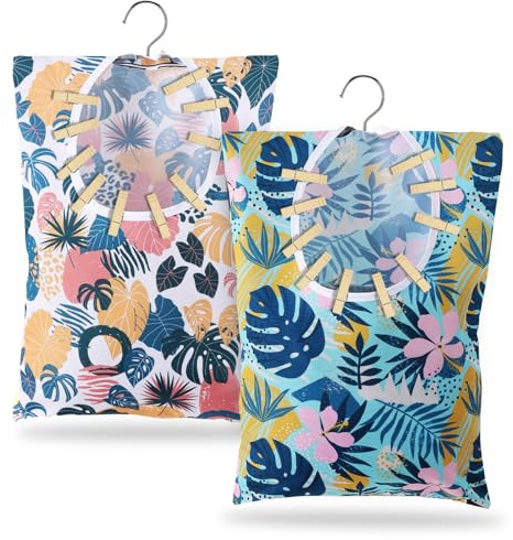 2 Pcs Leaves Style Clothespin Bag with Hanging Hook 15 x 11 Inch Leaves Laundry Canvas Clothes Pin Holder Waterproof Clothespin Bag Clothespin Storage Organizer with a Large Opening