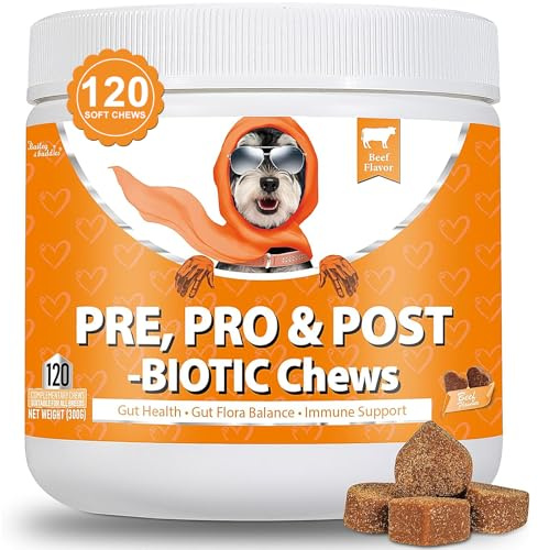 Daily Probiotics for Dogs - 120 Beef Flavored Soft Chews with Natural Pumpkin Powder for Healthy Gut & Sensitive Tummy. Reduces Scooting, Loose Stools, Smelly, Itchy Ears for Small, Medium, Large Dogs