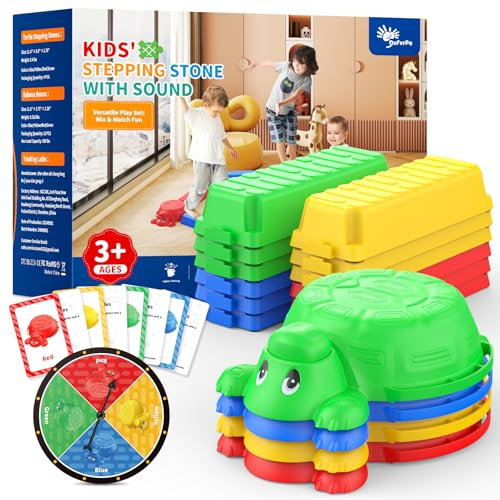 16 Pcs Balance Beam and Stepping Stones for Kids - 4 Turtle Shape Stepping Stones and 12 Connectable Beams with Sound Feature,Color Spinner, Riddle Cards, Fun Balance Training and Obstacle Course