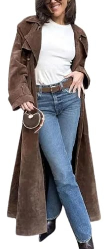 HULKAY Suede windbreaker women's long windbreaker, autumn and winter coat, artificial leather double breasted jacket, vintage jacket with belt, thick and warm (UK, Alpha, M, Regular, Regular, Brown)