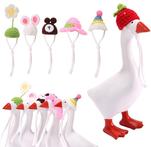 Lyreh 6pcs Porch Goose Outfits Hats, 7 Inch Mini Knitted Headwear with Adjustable Strap Assorted Colors Desk Goose Clothes Costume for Magnetic Geese Statue Key Holder Keychain Decoration