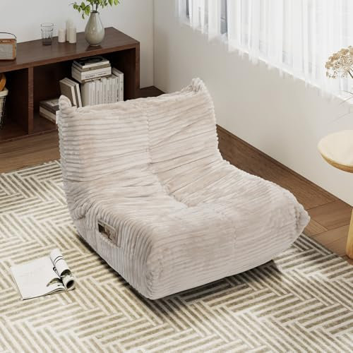 YU YUSING Pouf Salon en Flanelle XXL avec Poche de Rangement, Fauteuil de Lecture Paresseux avec Dossier, Gros Pouf Poire pour Adultes, Petit Canapé, Mousse Confortable Haute Densité, Chambre, Beige