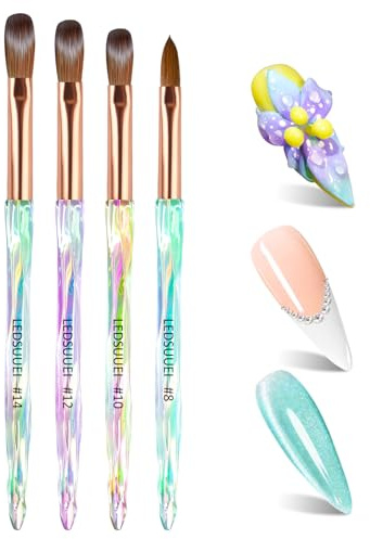 LEDSUUEI 4 PCS pinceles acrílicos para uñas - Pinceles profesionales Kolinsky para uñas para polvo acrílico, extensiones de uñas y tallado 3D para bricolaje en casa y salón (tamaños 8/10/12/14)