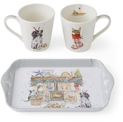 Wrendale Designs No Place Like Home - Set di tazze e vassoio natalizi con motivi di cani e gatti