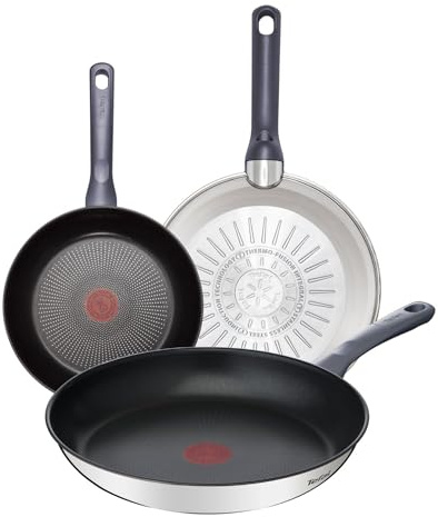 Tefal Daily Cook - Juego de Sartenes de 24/26/30 cm, Apto inducción, antiadherente, revestimiento titanio, Thermo-signal, apto lavavajillas y horno, acero inoxidable