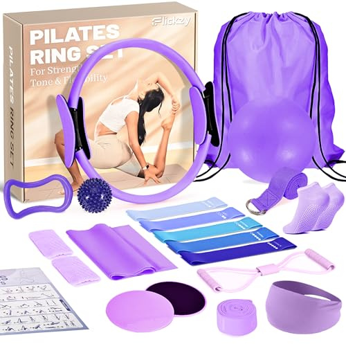 Flickzy 20 Pcs Pilates Ring Set for Women, Magic Circle Pilates Rings 12 with Resistance Bands, Pilates Kit for Home Workouts, Pilates Equipment for Strength, Toning and Flexibility(Purple,15pcs)