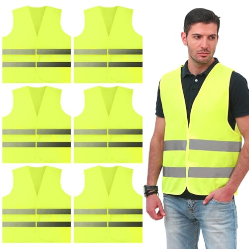 6 Pezzi Gilet Alta visibilità, Universale Giubbotto Gilet Catarifrangente AutoTaglia, Giubbotti di Sicurezza, Giallo Giubbotto Sicurezza Riflettente per Stradale Assistenza Conducenti Cantiere
