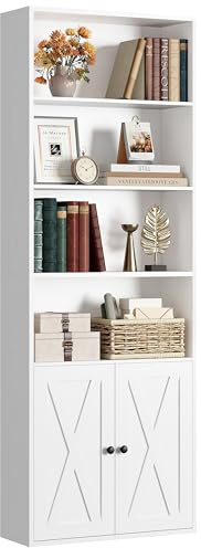 IRONCK Bücherregal mit Türen, Schrank Regal Weiß Holz mit 6 Ebenen, Modern | Offenes Aufbewahrungsregal für Wohnzimmer, Büro, Esszimmer, Schlafzimmer, 24 x 60 x 180 cm hoch Book shelf Bookcase