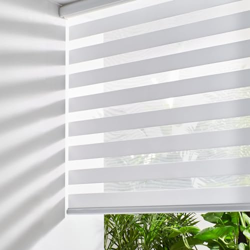 Estor Enrollable de Doble Capa, Estor Noche y Dia, Stores Ventanas Sin Taladrar, 45An x 180Al cm, Blanco
