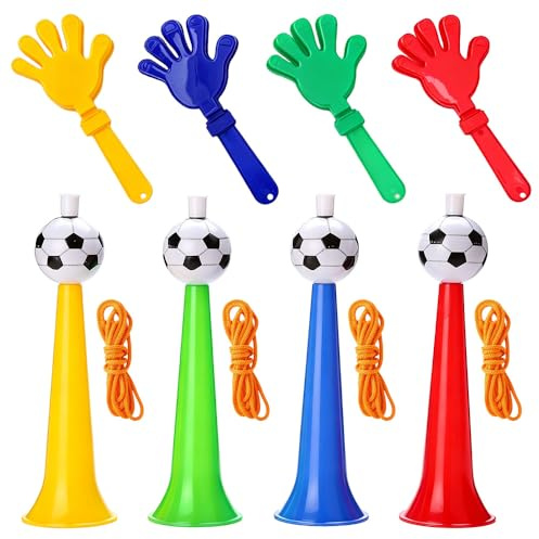 SGZIOO 4 stycken Vuvuzela med klapphand, plastdubbar för att elda, plasthandklapp, Vuvuzela tröda, fanartikel för att fira på fotbollstemafest, sportevenemang, sportfester