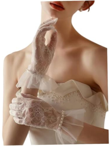 Vistnale guantes de encaje para mujer|Elegantes guantes de encaje para mujer, cortos de malla con ribete de perlas para bodas, ocasiones formales y especiales