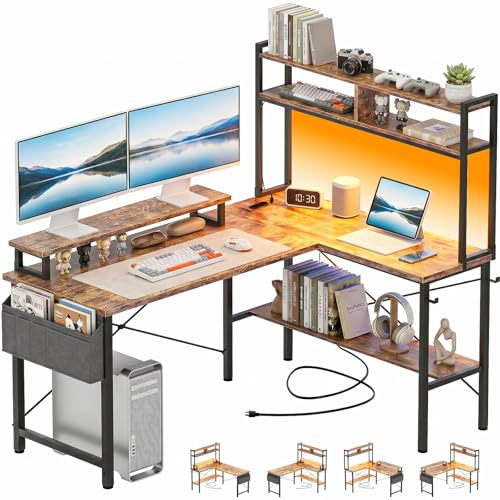 Homieasy Bureau Gaming d'angle 124cm avec LED et Prises, Brun Rustique | Réversible, Étagères, Support Écran et Sac, Gain de Place, Maison et Bureau, Métal, MDF