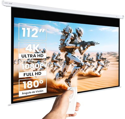 Écran de Projection motorisé Luxscreen de 112 Pouces. Dimensions du Tissu : 1,97 x 1,97 m. Boîtier en Acier de 2,23 m. Tissu Blanc Mat avec Gain de Brillance 1.1. Télécommande Incluse.