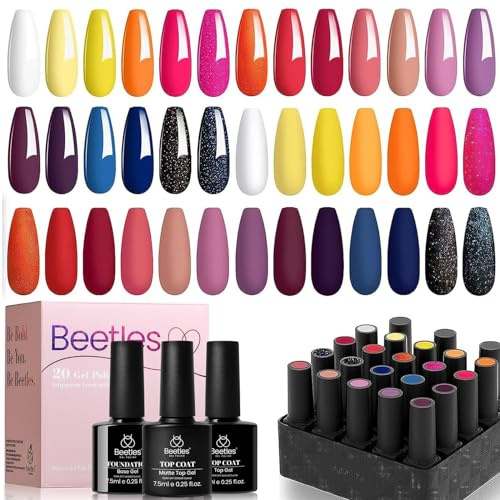 beetles Gel Polish Nail 20 Pcs Gel Nail Polishes Sunset Soiree Set Glitter Black Orange-Red Purple Dark Blue Gel Nail Kit with Top Coat Base Gel Nails Art Gifts for Women