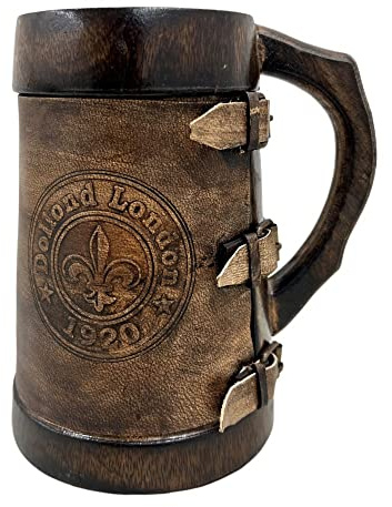 collectiblesBuy Handcrafted Wooden Beer Tankard with Leather Wrap Vintage Dollond London 1920 Design Rustic Dark Brown Mug for Beer Coffee Tea Ideal Gift