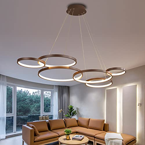 RRBEST Moderne LED Pendelleuchte Dimmbar mit Fernbedienung,108W 6-Ring RestaurantDeckenleuchte,6-Flammig Kronleuchter,Höhenverstellbar Hängeleuchte Wohnzimmerlampe