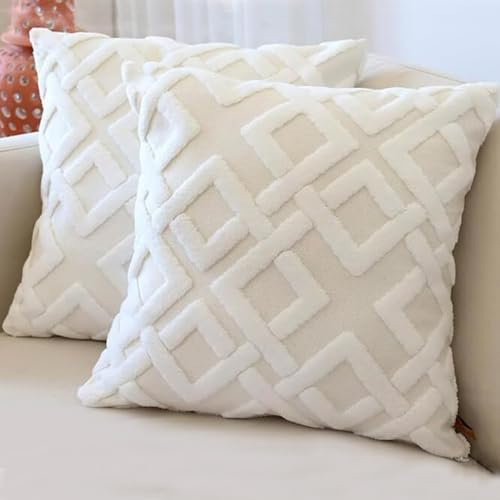HAMUR HOME 2er Set Kissenbezüge 45x45 cm Boho Dekokissen Kissenbezug Sofakissen Dekorativ Couchkissen Kissenhülle Zierkissenbezug Set Kissen für Wohnzimmer Schlafzimmer (Mila, Ecru)