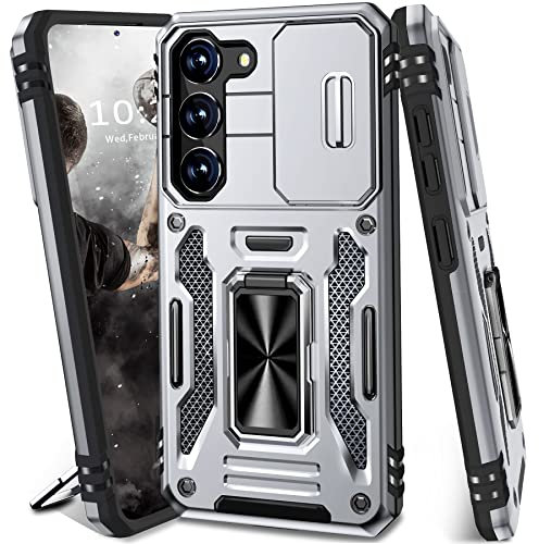 BaHaHoues for Samsung Galaxy S23 Case with Slide Camera Cover for Samsung S23 Case with 360° Rotatable Magnetic Kickstand Ring, Military Grade Shockproof Protective Case for Galaxy S23 5G (Grey)