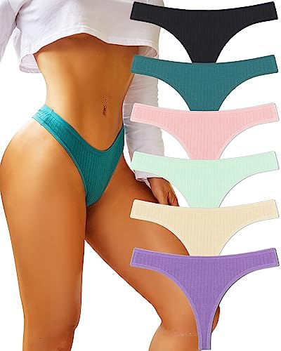 FINETOO Cotton Thongs Underwear Women Breathable Low Rise Panties 6 Pack