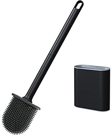 PAIDASHU Escobilla de inodoro de silicona para baño, con soporte montado en la pared, con mango largo antideslizante, secado, cepillos profesionales de limpieza profunda para baño (negro)