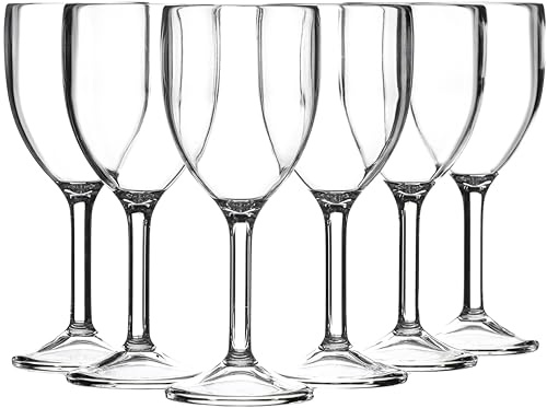 SECO Copas de vino reutilizables de policarbonato de 265 ml, paquete de 6, fáciles de sostener, prácticamente irrompibles, perfectas para eventos, camping, comedor al aire libre, transparente