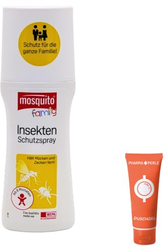 Mosquito Family Insekten-Schutzspray 1x 100 ml I bis zu 6 Stunden Schutz vor Mücken, Bremsen, Zecken I Mückenspray I für Kinder ab 6 Monaten I Outdoor-Schutz I Spar-Set plus Pharma Perle give-away