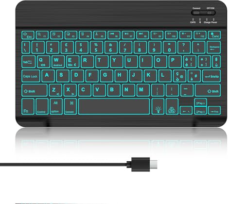 WAVATA Tastiera Bluetooth per iPad 10/10.2, Air 11, Samsung A9+, con Retroilluminata, Ricaricabile Tastiera Wireless per Tablet (10.9/11 Pollici) iOS/Windows/Android, Ultra Sottile, QWERTY, Nero