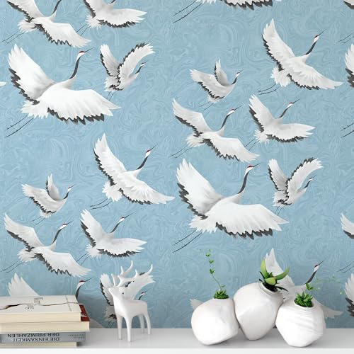 Peel and Stick Wallpaper for Home Decoration Kitchen White Crane Blue Wallpaper Removable Vinyl Self Adhesive Shelf Paper & Drawer Liner Roll House, Workshop & Office 17.3 x 394 TH8096-10