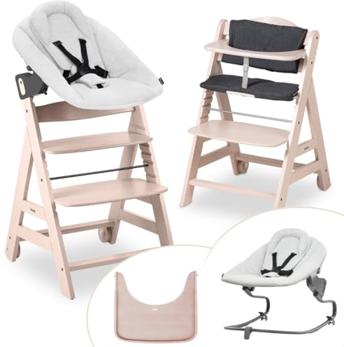 hauck Seggiolone Beta+ Newborn Set Premium da 0 Mesi - Seggiolone Legno Evolutivo, con Sdraietta Neonati (Dondolo Neonati), Cuscino Seduta, Vassoio - (Sdraietta: Grigio chiaro, Whitewashed)