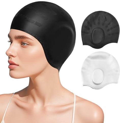 2 Pcs Swimming Caps for Women Men, 3D Waterproof Swimming Cap with Ear Protection, Silicone High Elastic Swim Hats for Boys and Girls, Hair Protection, Anti-slip Swimming Hat