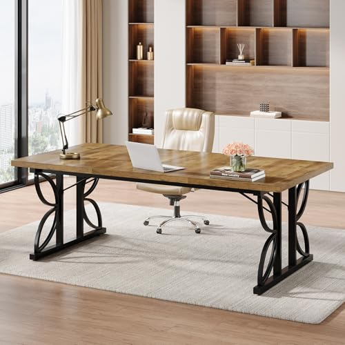 Tribesigns Schreibtisch, 180 x 80 x 75 cm Großer Büro-Computertisch mit robustem Metallgestell, Industrie Bürotisch Arbeitstisch, Konferenztisch Chefschreibtisch für Heimbüro, Braun & Schwarz