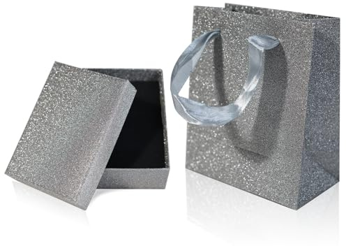 Small Gift Box and Gift Bag | 9x7x3cm Jewellery Gift Box and 12x11x 6cm Gift Bag | Bracelet Earring Ring Necklace Box with Lid for Presents (Glitter Silver)