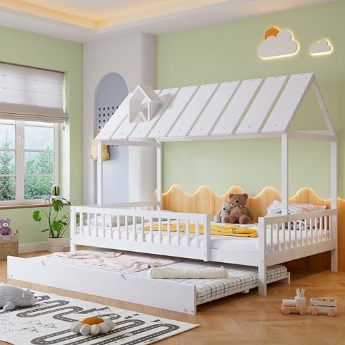 MURUL Hausbett 120x200 cm Mit Rollbett Weiß Kiefer MDF Mit Dach 3-Seitiges Gitter Kinderbett Jugendbett