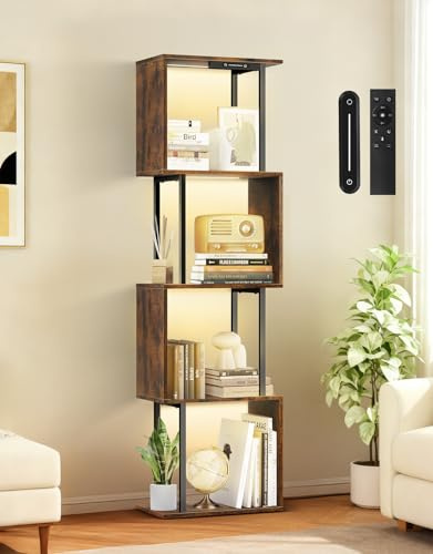 OUTONLIFE Libreria a Forma di S a 5 Ripiani con Luce LED, 3 Temperature di Colore, Controllo Touch e Telecomando, Intensità Regolabile, Scaffale da Esposizione per Soggiorno, Camera e Ufficio