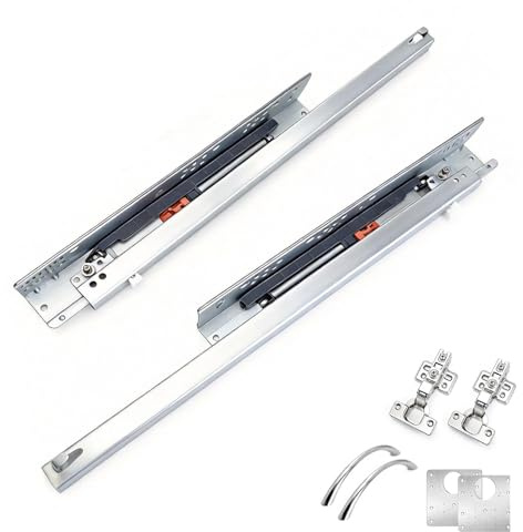 Glissières de tiroir cachées, 35 cm, système de rail à extension complète, avec Softclose et Push to Open, 2 charnières Softclose, 2 poignées de 96 mm, 2 plaques de montage de 80 x 80 mm, kit complet