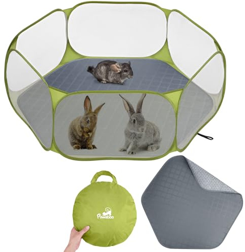 Pawaboo Parc pour Petits Animaux avec Coussin, Cage pour Petits Animaux Imperméable avec Coussin Réutilisable, Clôture De Cour Extérieure Portable pour Poussin/Chiot/Cochon d'Inde/Lapin, Vert + Gris