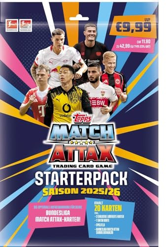 Topps Match Attax Bundesliga 2025/26 - Pack de iniciación (20 tarjetas, incluye 2 limitadas y 1 táctica, carpeta coleccionable, revista y campo de juego), juego de iniciación oficial