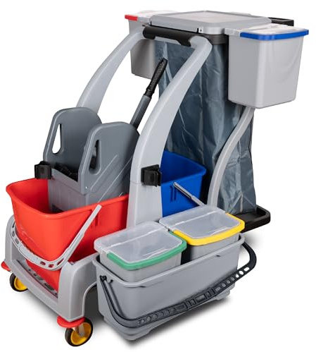 G.I.V. Multifunktions Reinigungswagen - Putzwagen mit Vertikalpresse, 2x18L Eimer, 4-Farbsystem Eimer + Deckel je 6L, zusätzlicher Putzeimer, Dauerabfallsack, leise Räder, Halterungen für Stiel + Mopp