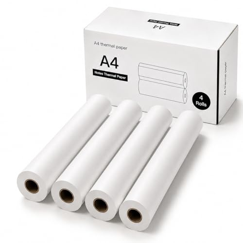 Ablemark Termopapper A4, 4 rullar till 8 m, BPA-fri, för mobil drucker | 4 rullar med 32 m lång tid - perfekt för Dokumente, Rechnungen, Verträge, Schule, Studium, Homeoffice och Reisen