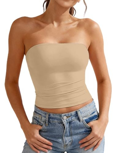 Générique Bandeau Tube Top Femme Été Hauts sans Bretelles Couleur Unie Débardeur sans Manches Court Basique Slim Fit Tube Tops Élégant Caraco sans Bretelles Débardeur sans Manches Crop Top S-XL