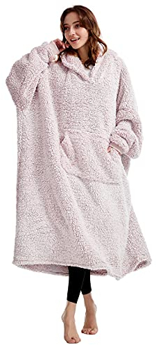 Oversized Teddy Fleece Hoodie Blanket for Women Cuddly Sherpa Wearable Snuggle Blanket Hoody for Adults Kids Men Teenager, Super Warm and Soft,Pink, Oversize Long