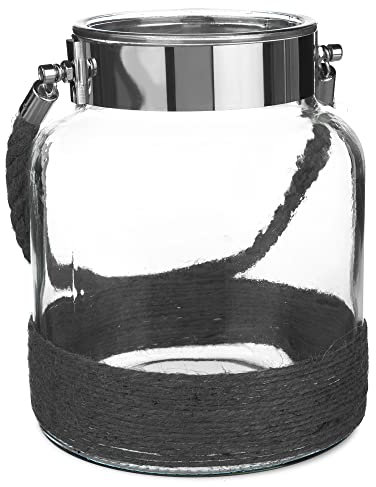 LIVIVO Stunning Vintage Glass Hurricane Candle Lantern Light Jar With Weaving Jute Rope – Perfect Indoor Outdoor Garden Decoration Living Room Home Office (Grey)