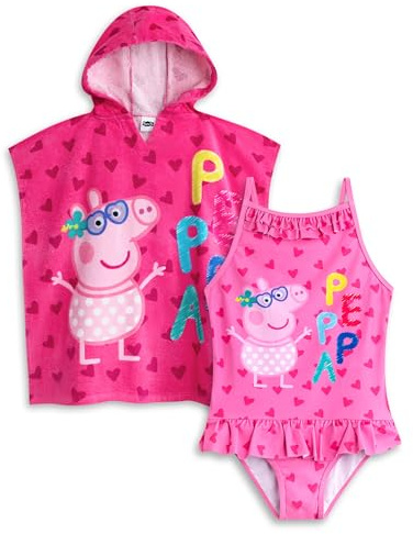 Peppa Pig Girls Swimsuit & Hooded Towel Poncho | Kids Pink Swimming Costume and Towelling Robe | Gift for Children